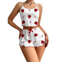 Nuevo conjunto de ropa de dormir con estampado de fresa, pijama acanalado para mujer con corazones y lazo, conjunto de salón suave y cómodo con pantalones cortos, bonito regalo de verano - details 0