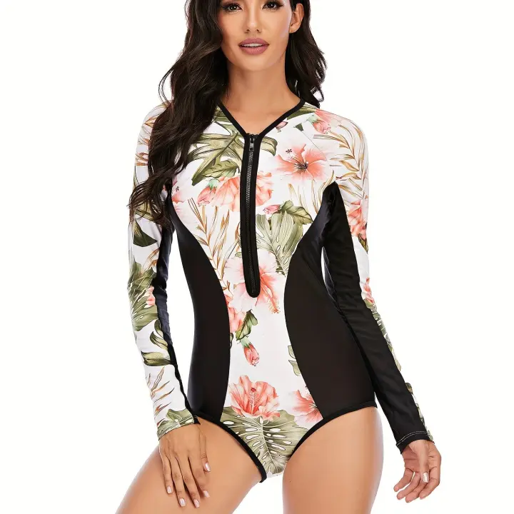 Traje de baño de una pieza con estampado floral de manga larga, traje de buceo y surf de corte alto con cremallera y estampado - 1
