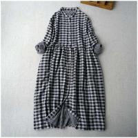 Vestido literario de primavera y otoño, cómodo, de algodón de doble capa, con cuello levantado, de manga larga, holgadas de cuadros - details 6