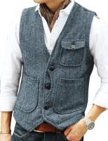 Chaleco de hombre marrón de lana en espiga Tweed con cuello en V, chaleco de herramientas Retro de un solo pecho, chaleco de negocios para caballero para boda - details 17