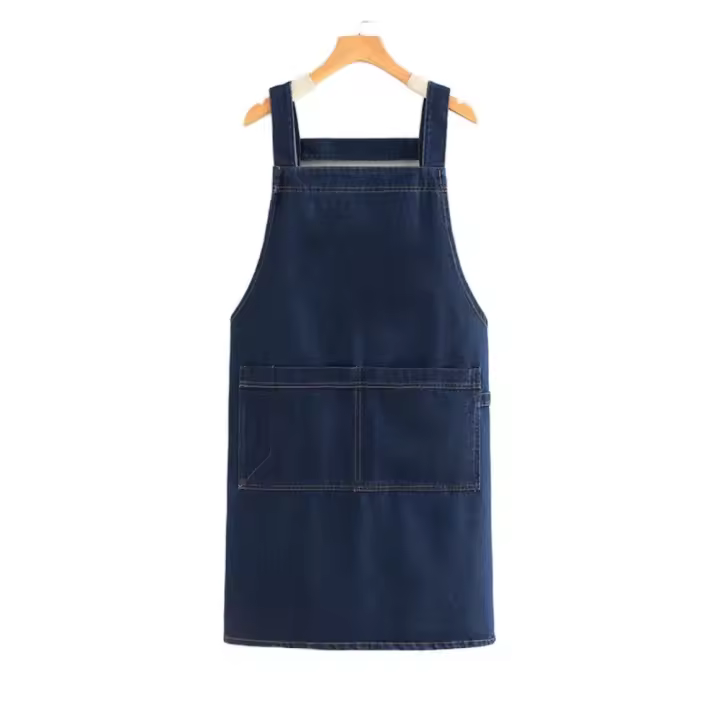 Delantal vaquero de moda Simple antiincrustante con bolsillo delantal Retro diseño artístico suave delantal de trabajo coreano para el hogar - 1