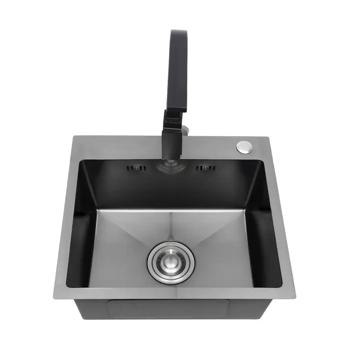 Fregadero de cocina Rectangular de bajo ruido con grifo frío y caliente, dispensador de jabón y tuberías de drenaje, color negro y gris - 1