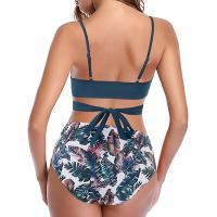 Traje de baño dividido de cintura alta para mujer, bikini multicolor con estampado de cuello halter cruzado - details 8
