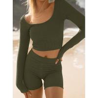 BUNO-Conjunto de ropa de estar por casa para mujer, tops ajustados de manga larga y pantalones cortos de motorista, 2 piezas, verano, 2025 - details 54