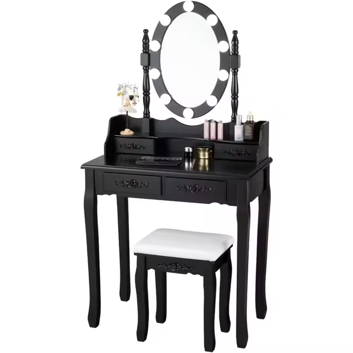 Set Mesa Tocador con 10 Luces LED, Mesa de Maquillaje con Espejo Ovalado Iluminado e Interruptor Táctil, Iluminosidad Regulable, Tocador con 4 Cajones y Taburete Acolchado - 1