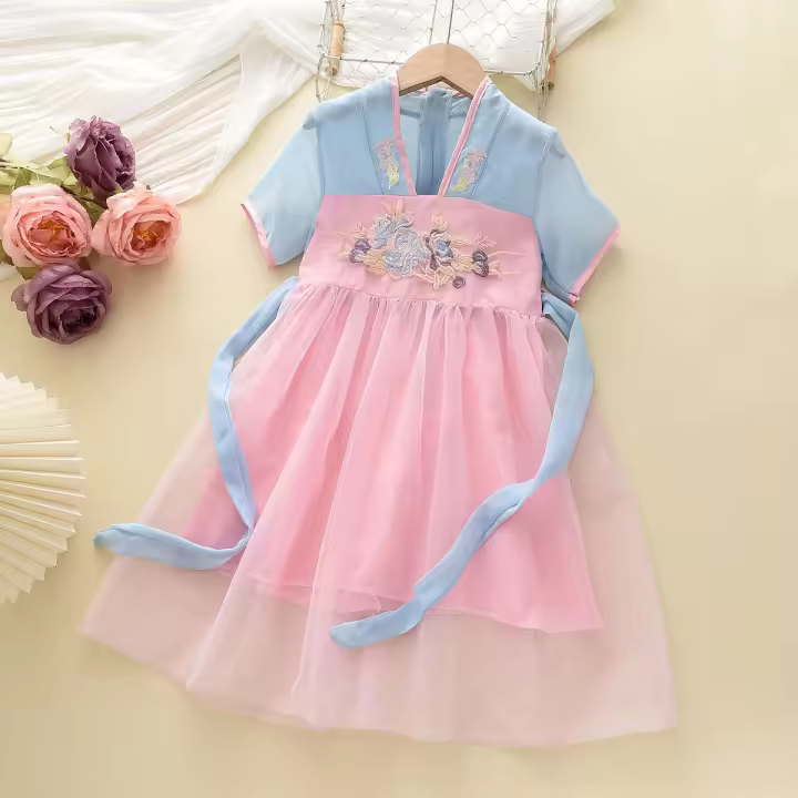 77067 Falda de estilo occidental chino de gasa de verano para niños vestido de niña Hanfu - 1