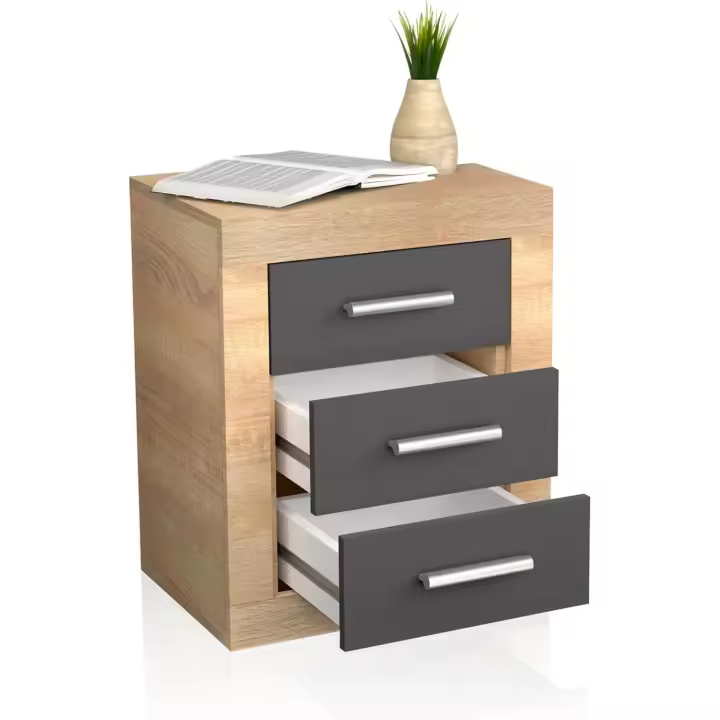 Mesita de Noche, Mesilla de Dormitorio, Modelo Kira, Acabado en Color Cambria y Blanco, Medidas: 50 cm (Largo) x 34,6 cm (Fondo) x 60 cm (Alto) - 1