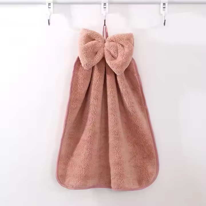 Toalla de mano de terciopelo Coral con lazo, paño absorbente colgante, paño suave, herramientas de cocina, accesorios de baño - 1