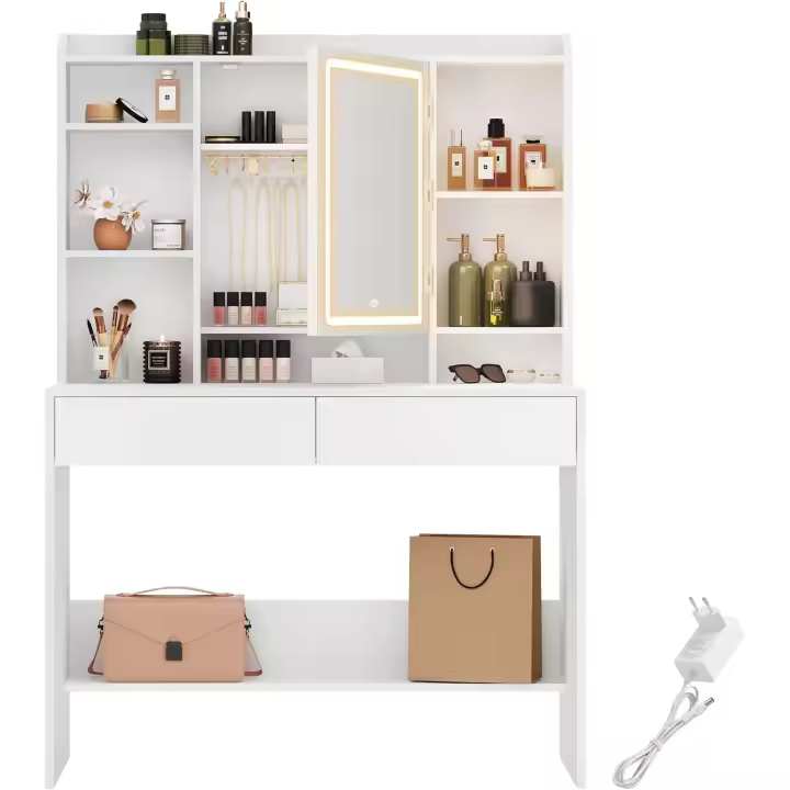 Tocador con Luces LED de 3 Colores con Brillo Ajustable, Mesa de Maquillaje con Espejo, Espacioso, Estantes Ajustables, 2 Cajones, Mesa de Maquillaje, Estilo Moderno, Blanco RDT123T14 - 1