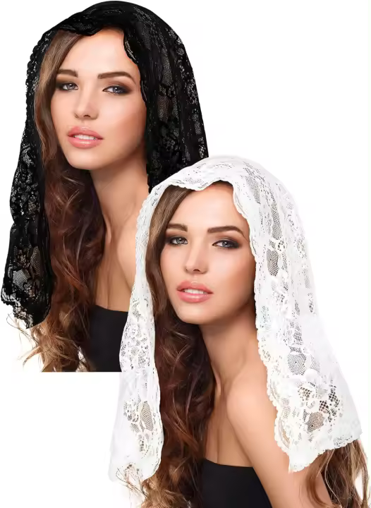 Velo de Encaje para Mantilla Católica Cubierta de Cabeza para Mujeres de Boda en Massa Latina 2 Pcs - 1