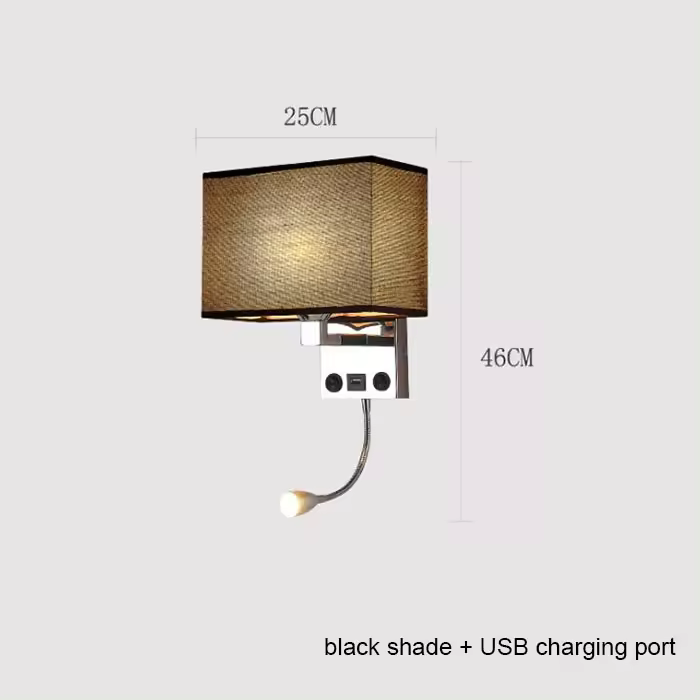Luz de pared de sombra de tela rectangular con puerto de carga USB, 2 interruptores, iluminación de pared LED E27 con lámpara de lectura ajustable - 1