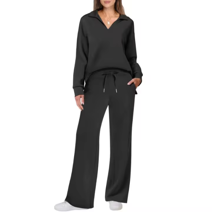 Traje deportivo informal de moda para mujer, sudadera de manga larga con cuello en V, pantalones de pierna ancha, conjunto de 2 piezas para Otoño e Invierno - 1