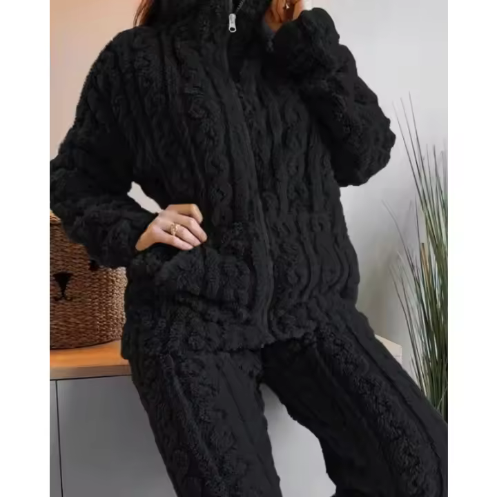 Conjunto De Pijamas De Dos Piezas Para Mujer, Conjunto De Top Y Pantalones De Manga Larga Con Cuello Levantado Texturizado De Jacquard Y Cremallera, Grueso Y Cálido, Otoño - 1