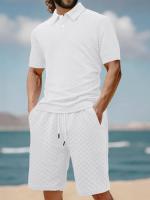 Conjunto de polo liso y pantalones cortos con cordón en la cintura para hombre, trajes de dos piezas cómodos y transpirables para uso diario al aire libre, ropa de hombre para el verano - details 9