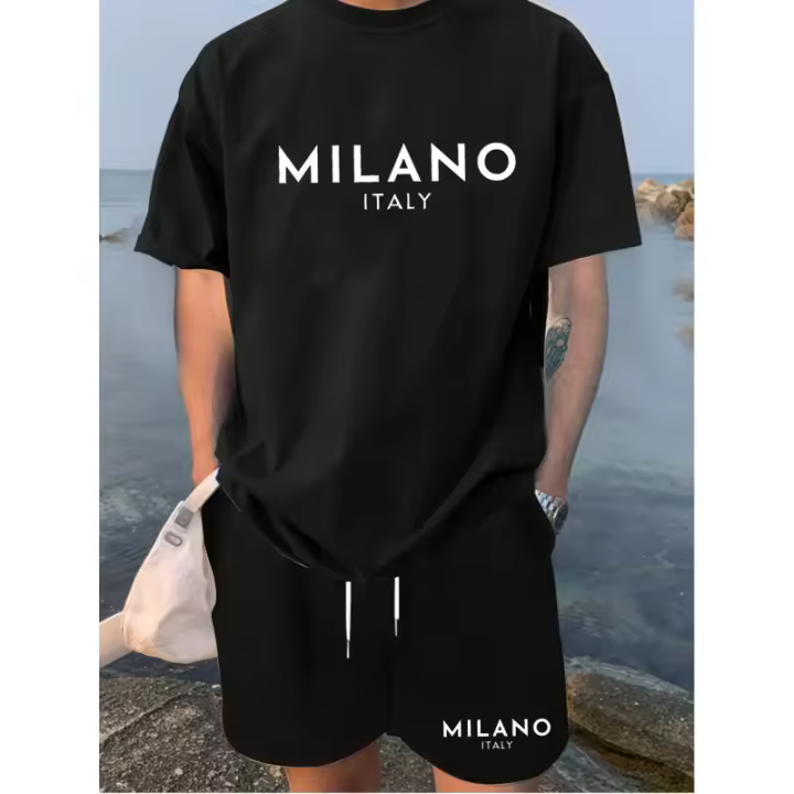 Conjunto Casual de Dos Piezas para Hombres Senhan Selection Camiseta de Manga Corta con Cuello Redondo y Pantalones Cortos con Cordón para Primavera y Verano - 1