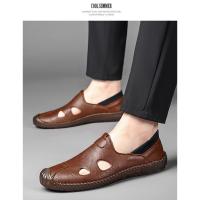 Sandalias de los hombres 2025 nuevos zapatos de cuero fresco hueco casual de suela suave de los hombres bolsa transpirable desgaste exterior cabeza agujero zapatos - details 3