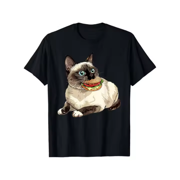 Camiseta de Gato Comiendo Hamburguesa Diseño Único, 100% Algodón, Negro, Cuello Redondo, Tallas S-XXXL - 1