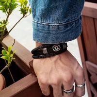 Pulsera tejida multicapa de moda para hombre, pulsera de cuero de acero de titanio con estrella hexagonal - details 1