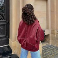 Chaqueta de cuero con cremallera para mujer, abrigo recortado de manga larga con solapa, color rojo vino, Vintage, moda de otoño - details 7