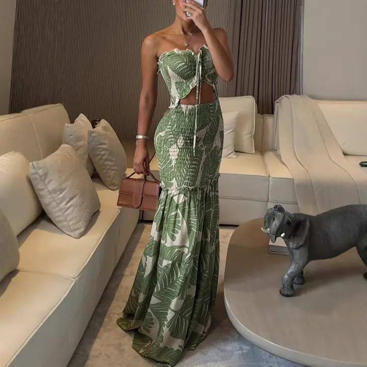Europa, América Primavera y verano Nuevo vestido plisado con cuello estampado INS Vestido de vacaciones informal suelto - 1