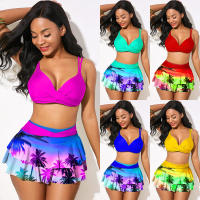 Traje de baño Sexy con volantes para mujer, conjunto de Bikini cruzado con realce, traje de baño de playa con estampado de arce, falda, traje de baño de talla grande - details 1