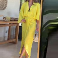 2025 mujeres banquete cuello en V Oficina verano manga larga cintura alta fiesta Casual Color sólido Tie-up vestido femenino - details 3