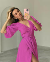 Novedad de verano, corte en V de algodón puro, cintura con abertura, diseño ceñido, línea A, Dre para mujer - details 28