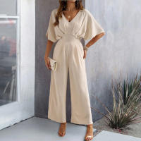 Monos de verano de manga corta para mujer, vestido de cintura alta con cuello en V y pantalones, color rojo burdeos - details 20