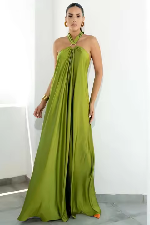 Elegante Vestido de Noche de Satén con Halter Neck Holgado Moda de Verano A-e - 1