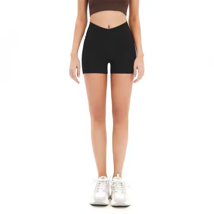 Pantalones cortos de yoga para mujer, pantalones cortos de fitness, pantalones cortos elásticos acanalados con cintura en forma de V de color sólido sin costuras, pantalones cortos con cuerda para saltar - 1