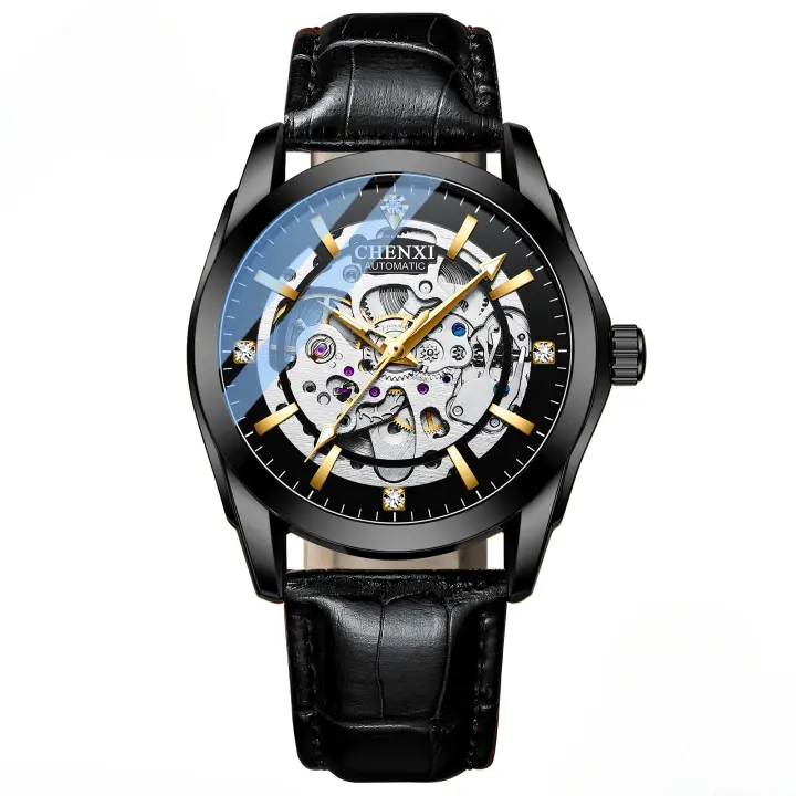 Reloj mecánico completamente automático con correa de cuero para hombre, reloj mecánico hueco, reloj luminoso e impermeable. - 1
