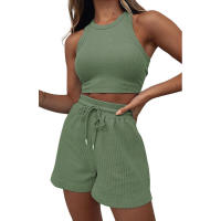 Conjunto de dos piezas de verano para mujer, chaleco sin mangas de color sólido con textura gofre y pantalones cortos casuales de moda. - details 6