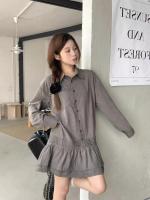 「MD」Vestido corto holgado con volantes para mujer, camisas a rayas, serie coreana, dulce y pequeño, para principios de otoño - details 12