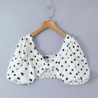 TRAFZA-Conjunto de falda con estampado de lunares para mujer, Top corto de manga corta con cuello cuadrado, falda con abertura de cintura alta, Vintage, Primavera, 2024 - details 12