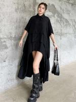 EAM mujeres negro capas espalda talla grande vestido camisero largo solapa nueva manga corta moda Primavera Verano 2025 1DH6073 - details 9