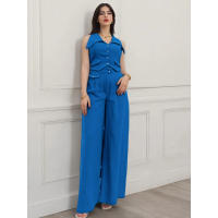 Conjunto de pantalones largos informales de dos piezas con cintura ajustada y manga de Color liso para mujer, novedad de verano - details 10