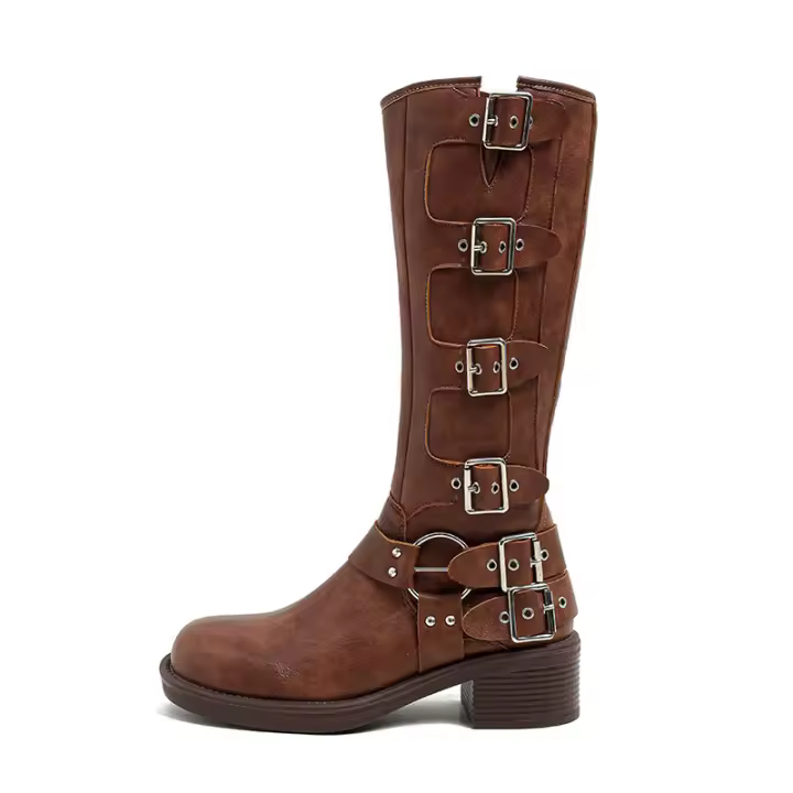 Botas cortas de punta redonda con hebilla de cuero, tacón grueso y suela gruesa. Botas occidentales de hombre de altura media. - 1