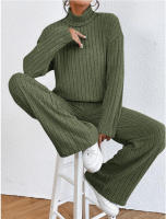 Pantalones sueltos casuales de punto con cuello alto y manga larga para mujer, suéter de dos piezas, - details 4