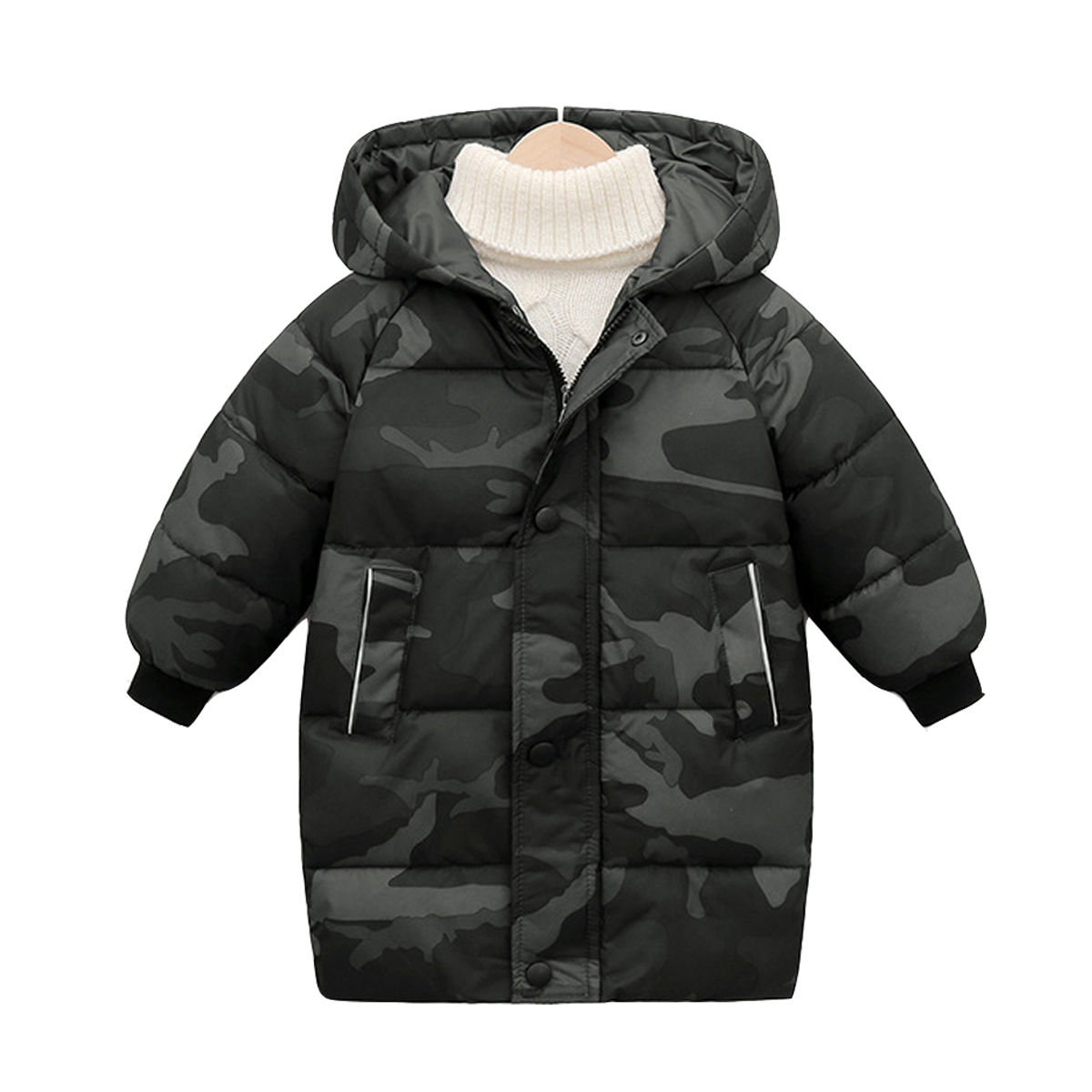 Chaqueta acolchada larga con capucha para niñas y niños pequeños, abrigo grueso y cálido de invierno, camuflaje a prueba de viento, color negro