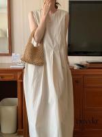 REALEFT verano sólido cuello redondo plisado vestidos sin mangas para mujer 2024 nuevo coreano sin mangas Casual suelto A-Line vestidos bolsillos Mujer - details 2