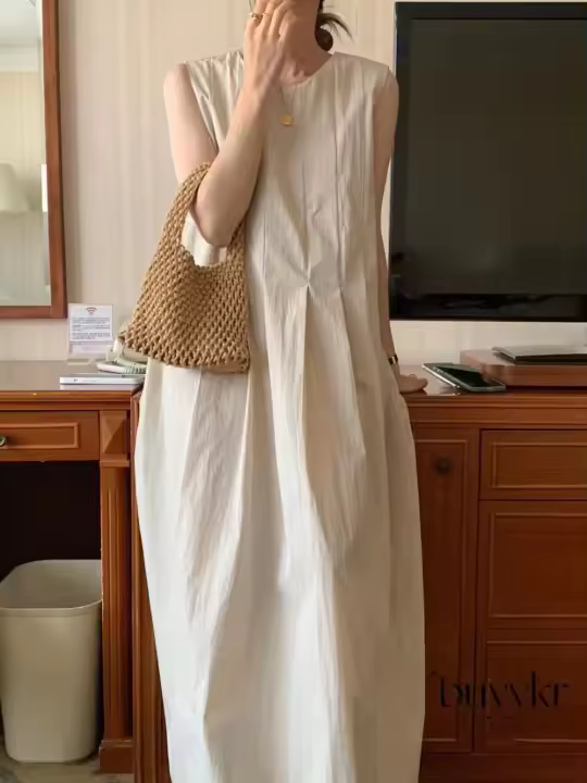 REALEFT verano sólido cuello redondo plisado vestidos sin mangas para mujer 2024 nuevo coreano sin mangas Casual suelto A-Line vestidos bolsillos Mujer - 1