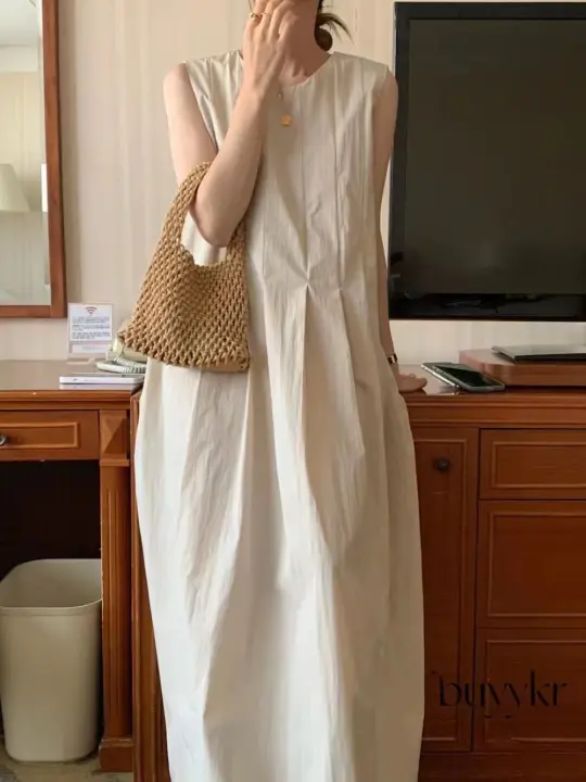 REALEFT verano sólido cuello redondo plisado vestidos sin mangas para mujer 2024 nuevo coreano sin mangas Casual suelto A-Line vestidos bolsillos Mujer - 1