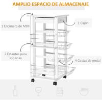 Carrito de Cocina con Ruedas Multiusos con Cajón y 4 Cestas Extraíbles Metal Blanco - details 2