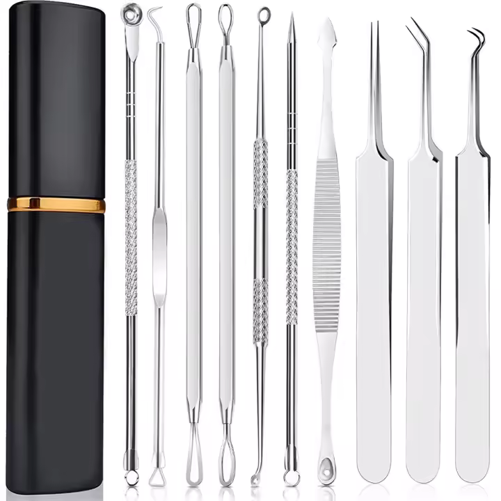 Kit de herramientas para quitar espinillas – Boxoyx 10 piezas Kit de extracción de comedones y espinillas con caja para eliminar espinillas, puntos negros, eliminación de sarpullidos, frente, cara y nariz de forma rápida y sencilla - 1