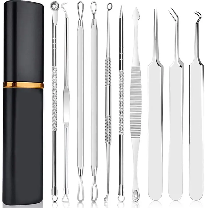 Kit de herramientas para quitar espinillas – Boxoyx 10 piezas Kit de extracción de comedones y espinillas con caja para eliminar espinillas, puntos negros, eliminación de sarpullidos, frente, cara y nariz de forma rápida y sencilla - 1