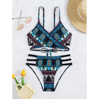 Traje de baño de dos piezas con lazo cruzado frontal para mujer, traje de baño de bikini sexy estampado de estilo étnico - details 24