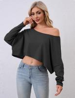 BUNO-Tops informales de punto liso con hombros descubiertos, camisetas de otoño de manga larga con cuello oblicuo conciso para mujer, camisetas deportivas irregulares - details 1