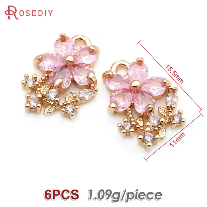 6 uds. Colgantes de flores de latón y circonio de Color dorado de 18K, suministros para hacer joyería Diy de alta calidad, collar, pendientes para mujer - 1