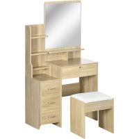 Juego de tocador de mesa de maquillaje con taburete acolchado grande, espejo + varios estantes abiertos + 4 cajones de madera natural - details 0