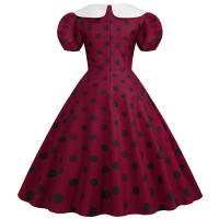 Vestido midi elegante de fiesta con cuello Peter Pan, lunares y mangas cortas abullonadas para mujer, ideal para el verano. - details 21